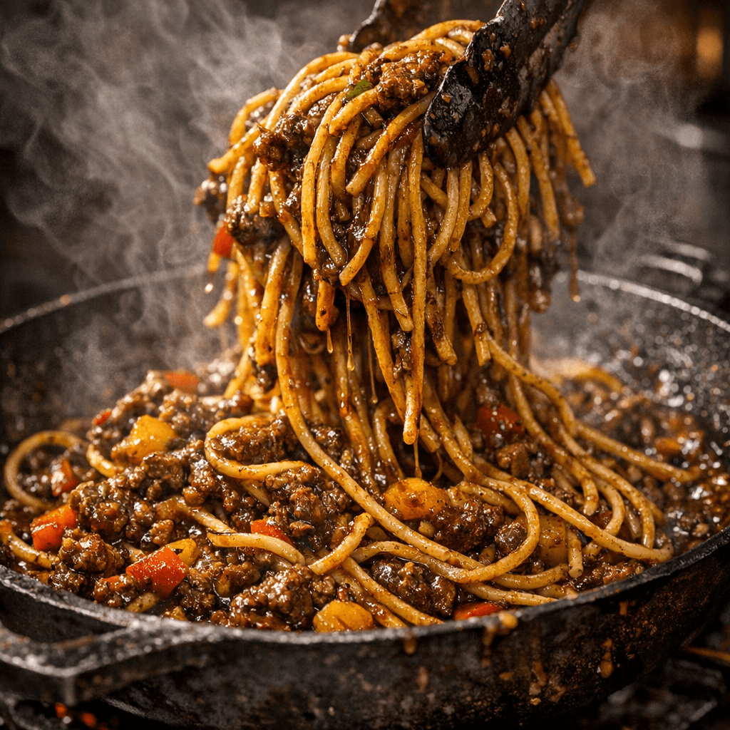 Процес приготування Dirty Spaghetti — змішування пасти з соусом