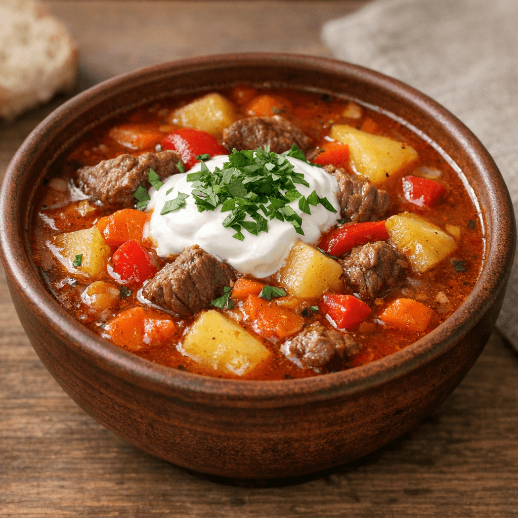 Тарілка закарпатського бограчу з м'ясом та овочами