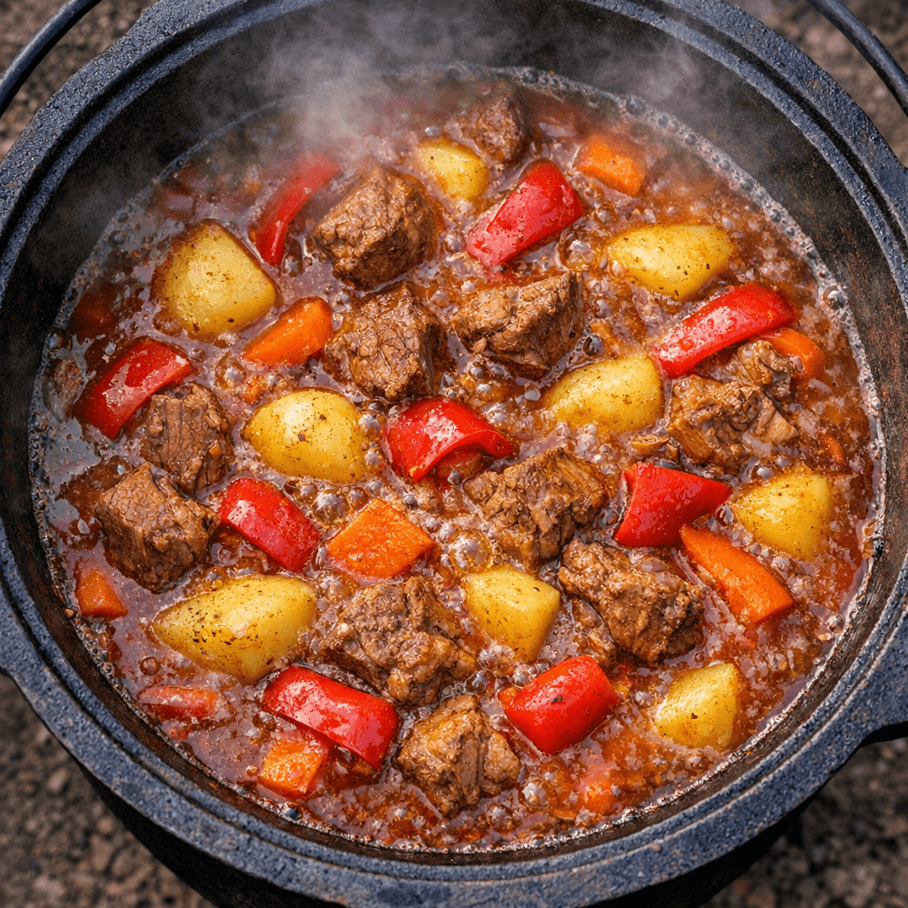 Варіння бограчу з овочами в казані