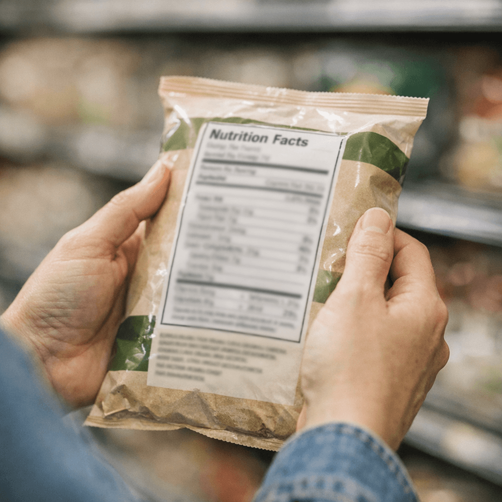 Покупець читає етикетку продукту в супермаркеті, перевіряючи вміст солі