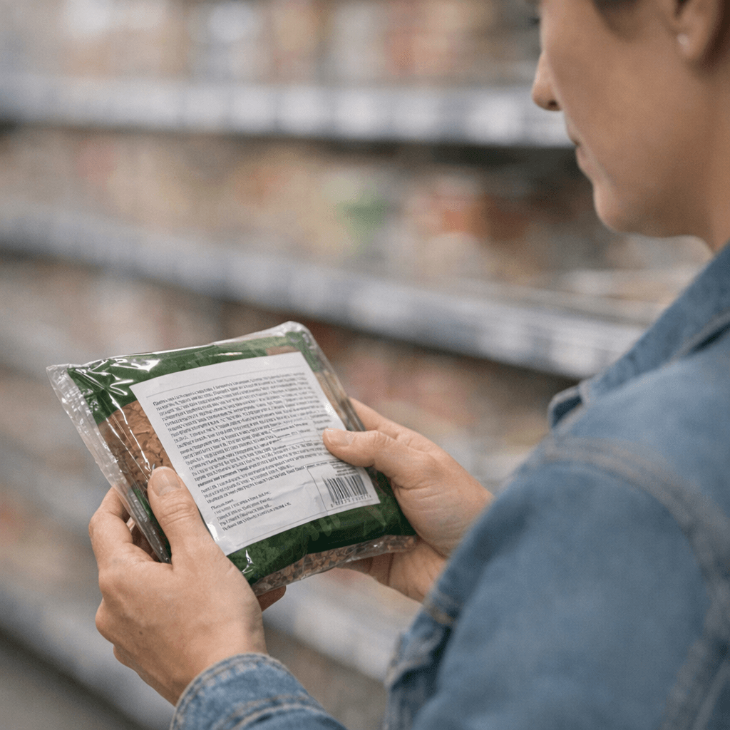 Покупець у супермаркеті читає склад продукту на етикетці