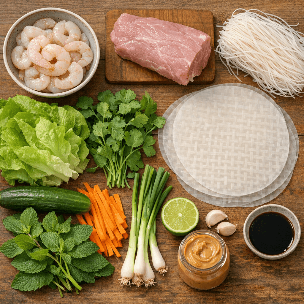 Інгредієнти для гой куон: креветки, свиняча вирізка, рисова вермішель, рисовий папір, салат, огірок, морква, зелень