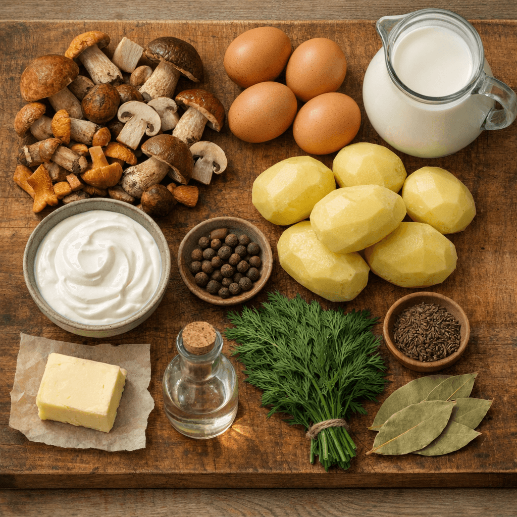 Інгредієнти для кулайди: гриби, картопля, яйця, сметана, молоко, кріп, прянощі