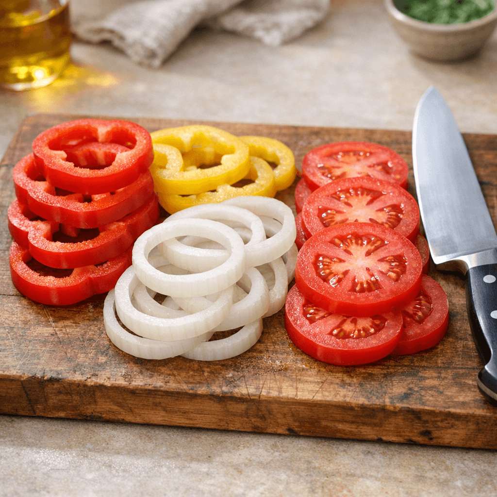 Перець, цибуля й томати, нарізані кільцями
