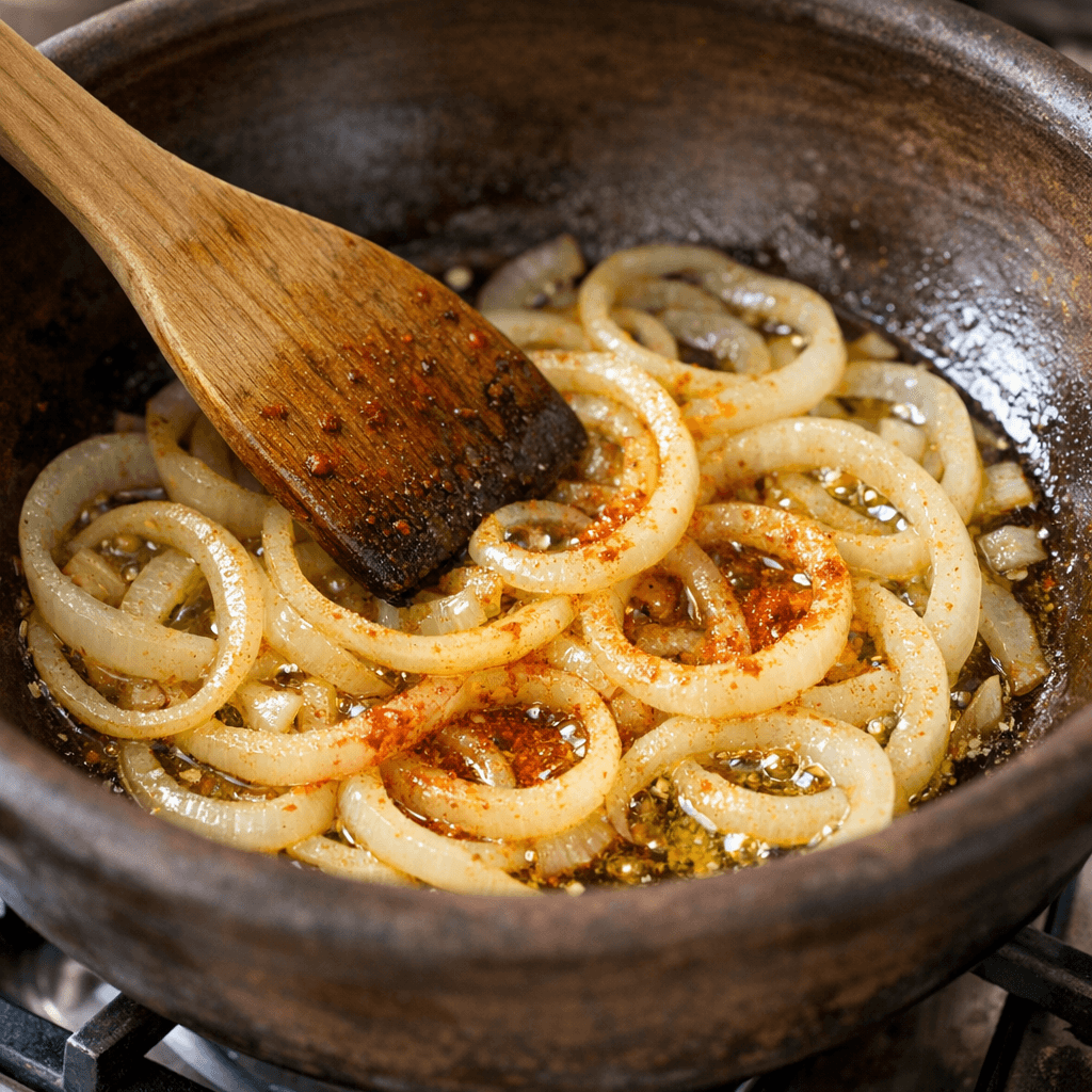 Цибуля з паприкою злегка обсмажується на дні горщика