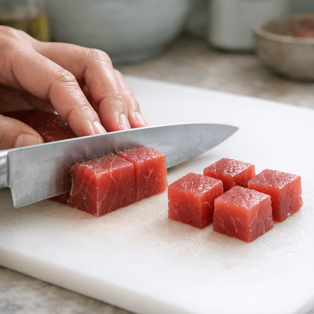 Нарізання сирого тунця кубиками для поке