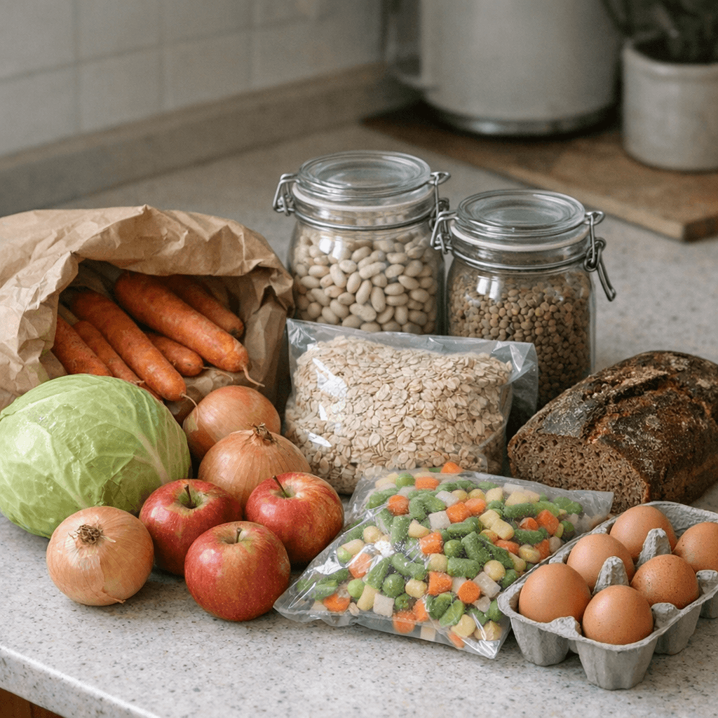 Недорогі корисні продукти на кухонному столі: капуста, морква, яблука, вівсянка, квасоля, сочевиця та житній хліб