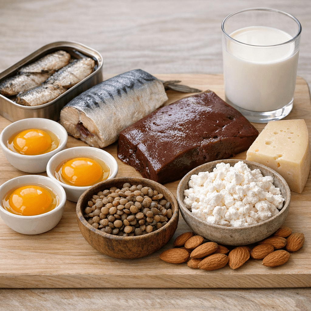 Продукти, багаті на вітамін D, залізо та кальцій: сардини, яйця, скумбрія, печінка, сочевиця, сир і молоко