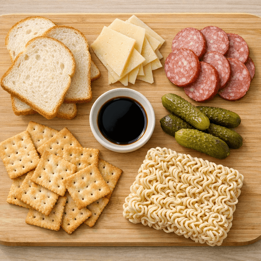 Продукти з прихованою сіллю: хліб, сир, ковбаса, солоні огірки, соєвий соус, крекери
