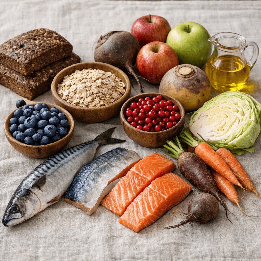 Продукти здорової північної дієти: житній хліб, вівсяні пластівці, лохина й брусниця, скумбрія і лосось, коренеплоди, капуста, яблука та ріпакова олія