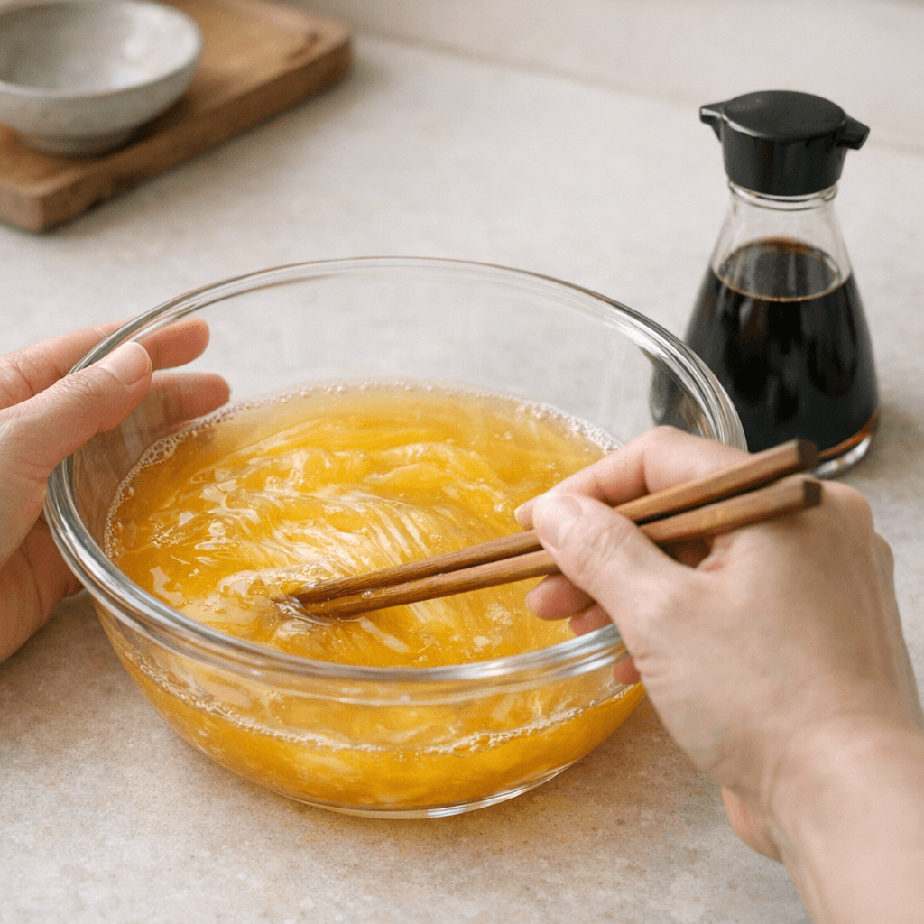 Яйця обережно змішують з бульйоном даші паличками, не збиваючи піну