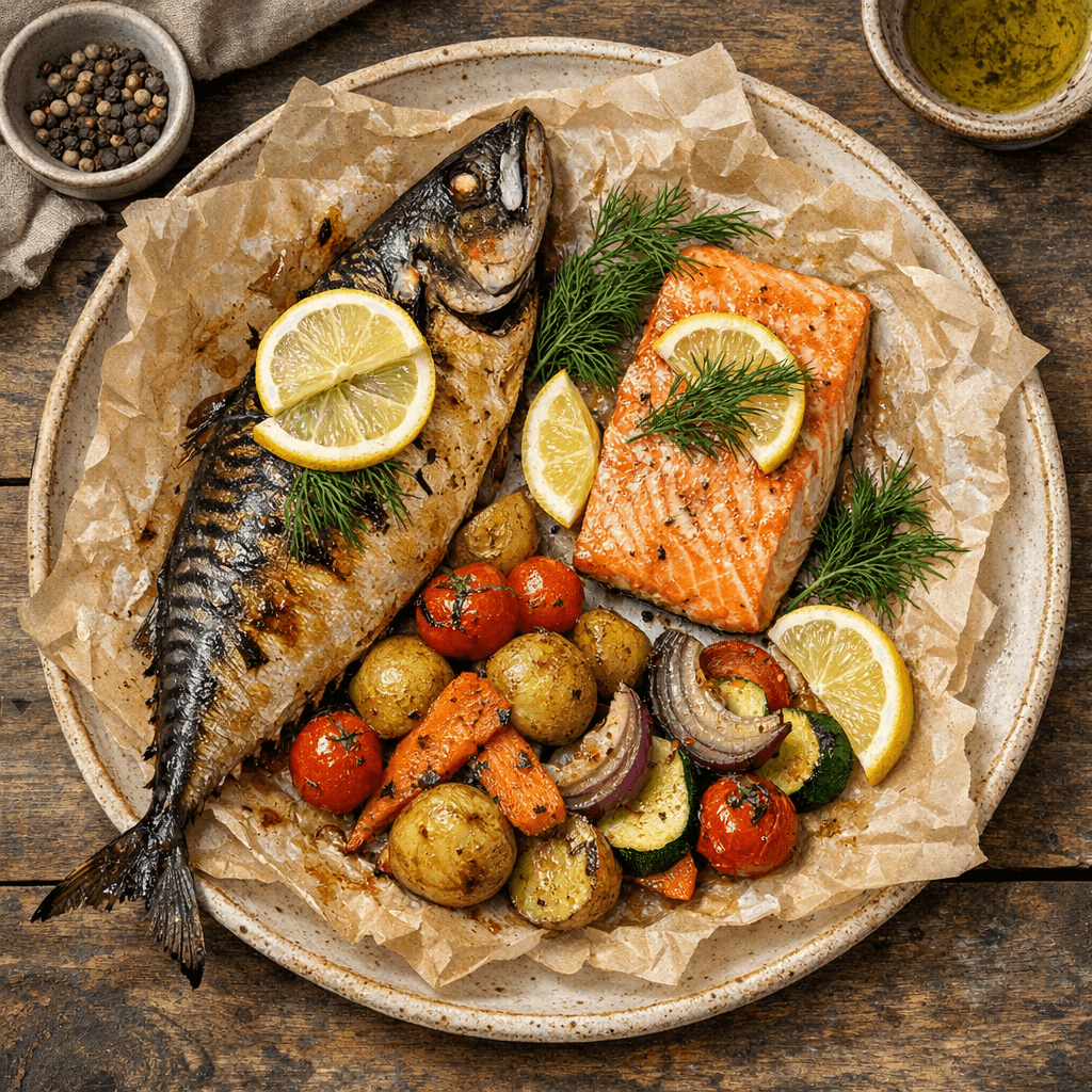 Запечені скумбрія та лосось з лимоном, кропом і овочами
